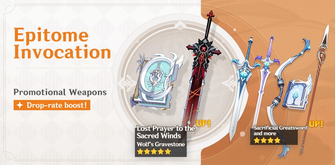 Event Wish "Epitome Invocation" - Boosted Drop Rate for Lost Prayer to the Sacred Winds (Catalyst) and Wolf's Gravestone (Claymore)!